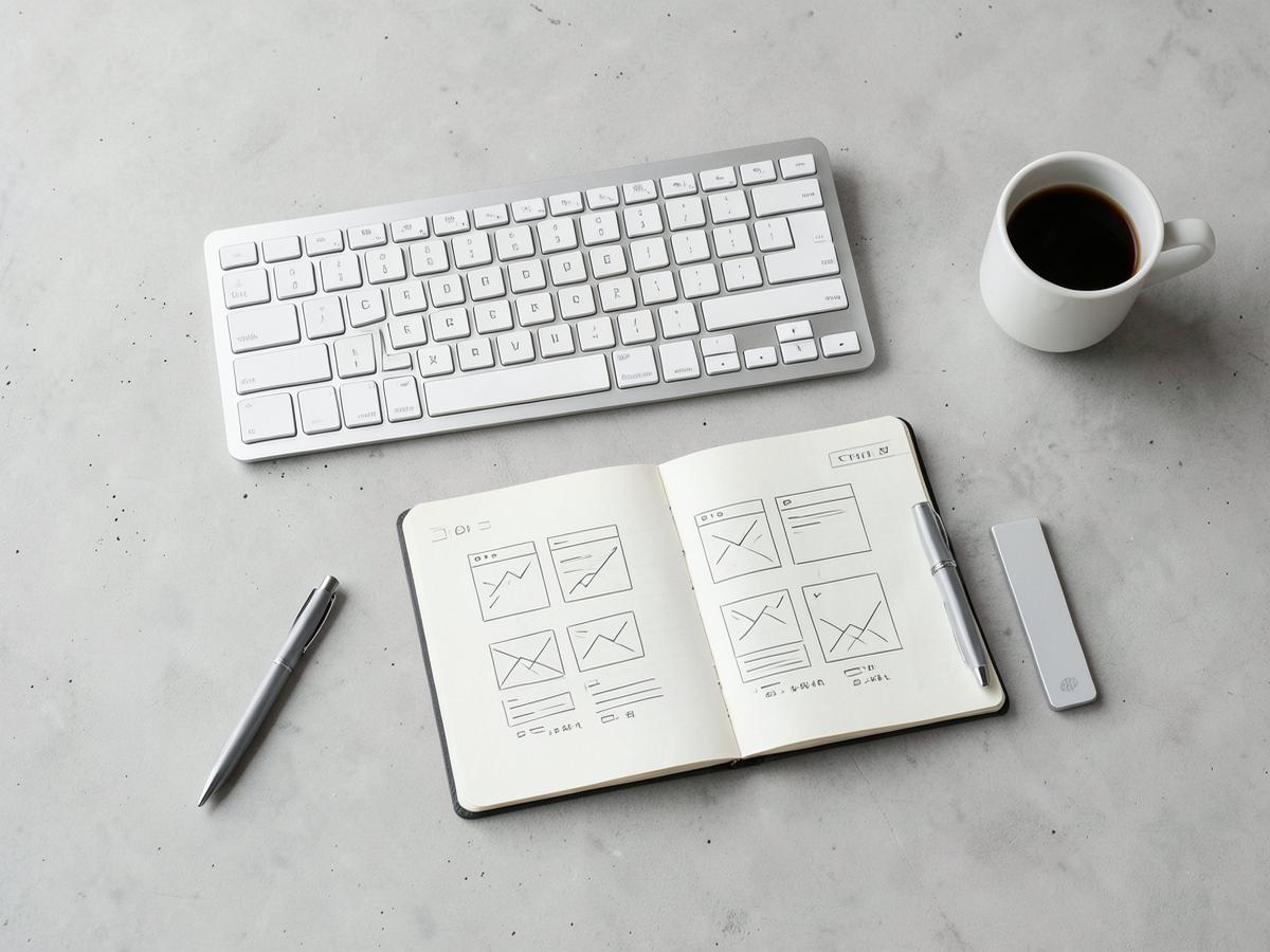 Schreibtisch mit Tastatur und Notizbuch mit Website-Skizzen