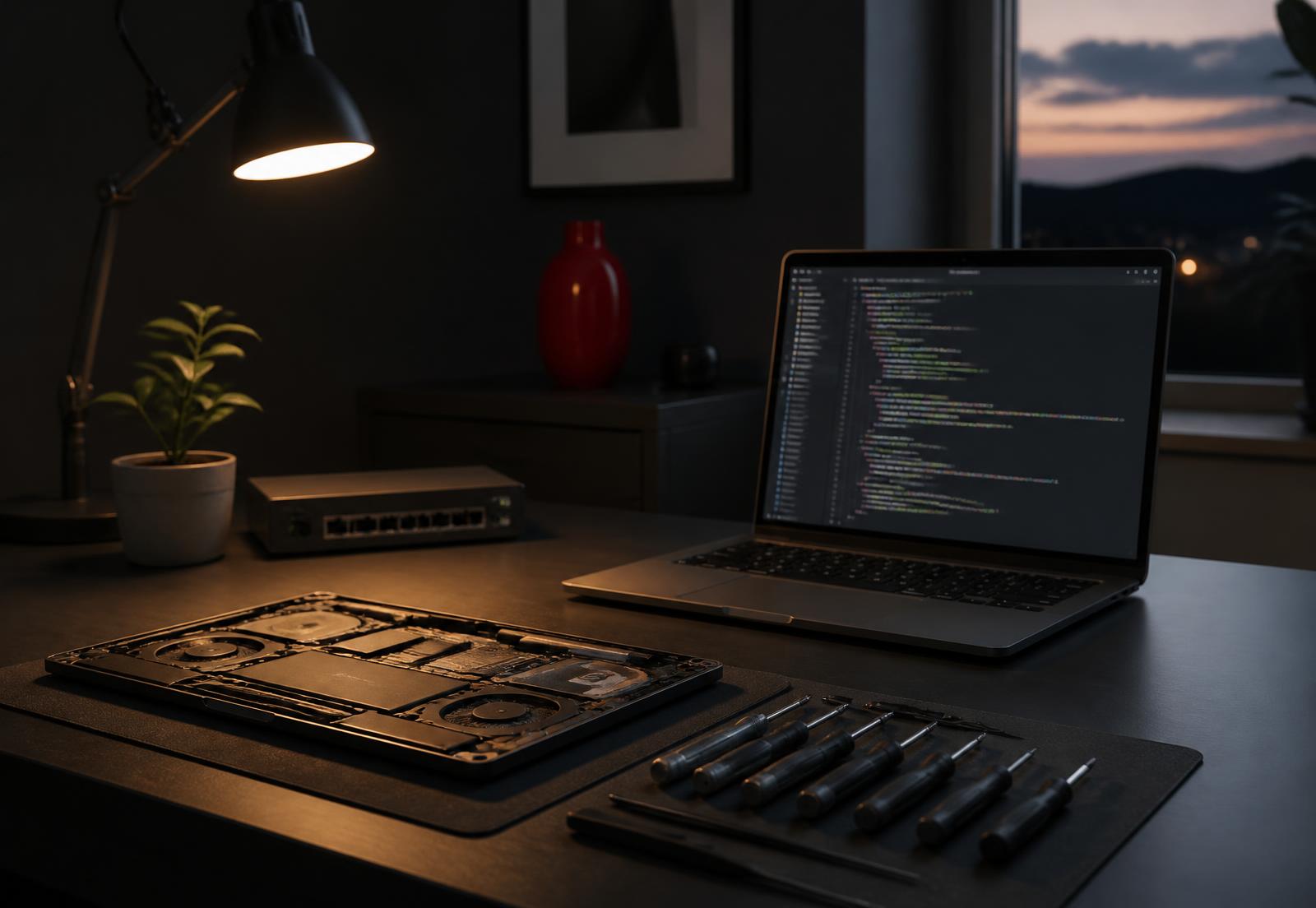 Arbeitsplatz mit Laptop, geöffnetem Notebook und Werkzeug